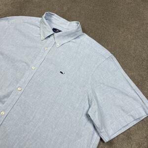 Vineyard Vines Shirt Mens 2XL Linen Blend Button Down Blue Whale Short Sleeve